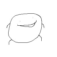 blob with little stick legs and arms, with a big narrow smile