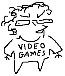 webmaster's persona as a small human wearing garb with VIDEO GAMES written on it